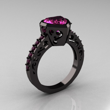 Classic 14K Black Gold 2.0 Carat Heart Pink Sapphire Bridal Ring R314-14KWGPS-1