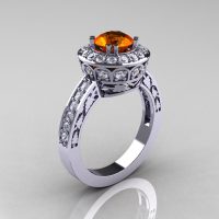 Classic 14K White Gold 1.0 Carat Orange Sapphire Diamond Wedding Ring Engagement Ring R199-14KWGDOS-1