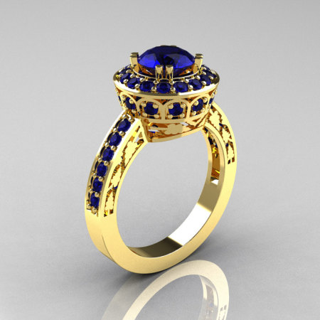 Classic 14K Yellow Gold 1.0 Carat Blue Sapphire Wedding Ring Engagement Ring R199-14KYBS-1