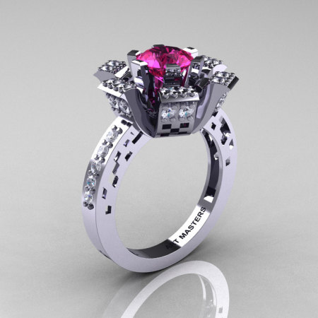 Modern French 14K White Gold Pink Sapphire Diamond Wedding Ring Engagement Ring R224-14KWGDPS-1