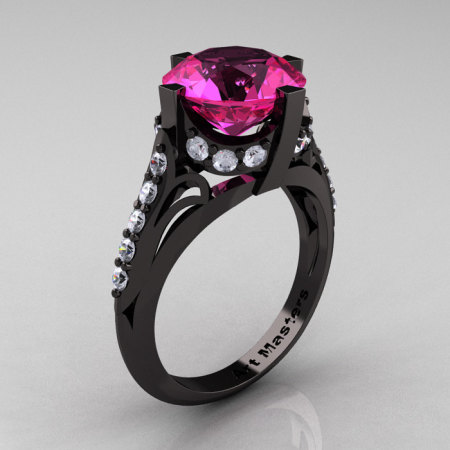 French Vintage 14K Black Gold 3.0 CT Pink Sapphire Diamond Bridal Solitaire Ring Y306-14KBGDPS-1