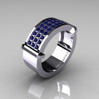 Gentlemens Modern 14K White Gold 33 Stone Blue Sapphire Ring MR184-14KWGBS-1