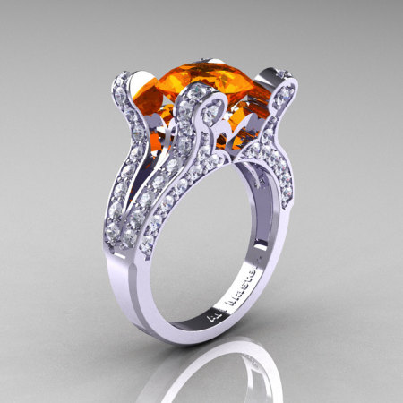 Isabella – French Vintage 14K White Gold 3.0 CT Orange Sapphire Diamond Pisces Wedding Ring Engagement Ring Y228-14KWGDOS-1
