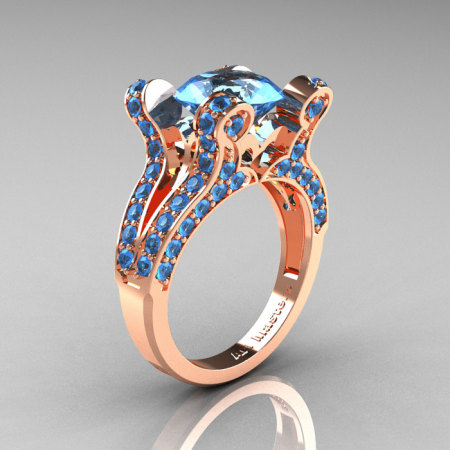 Aphrodite – French Vintage 14K Rose Gold 3.0 CT Blue Topaz Pisces Wedding Ring Engagement Ring Y228-14KRGBT-1