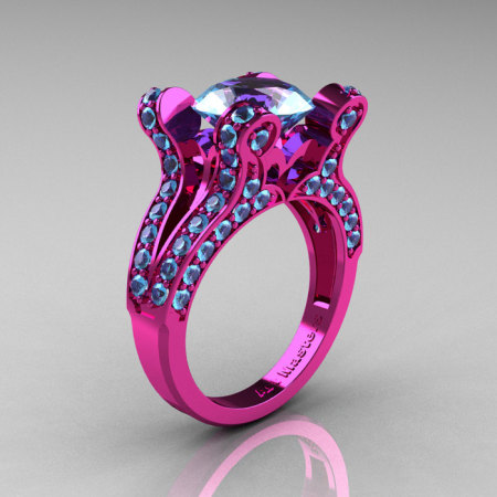French Vintage 14K Pink Gold 3.0 CT Blue Topaz Pisces Wedding Ring Engagement Ring Y228-14KPGBT-1