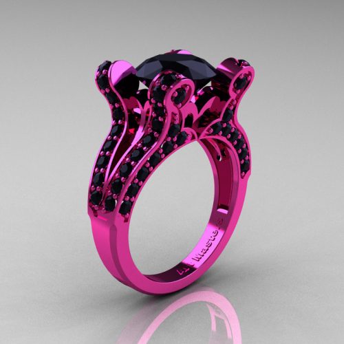 French Vintage 14K Pink Gold 3.0 CT Black Diamond Pisces Wedding Ring Engagement Ring Y228-14KPGBD-1