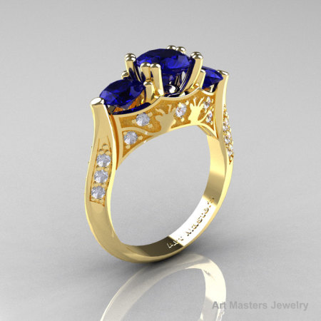 Nature Inspired 14K Yellow Gold Three Stone Blue Sapphire Diamond Solitaire Wedding Ring Y230-14KYGDBS-1
