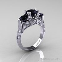 Nature Inspired 14K White Gold Three Stone Black and White Diamond Solitaire Wedding Ring Y230-14KWGDBD-1