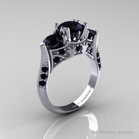 14K White Gold Three Stone Black Diamond Solitaire Wedding Ring Y230-14KWGBD-1