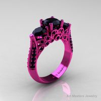 Classic 14K Pink Gold Three Stone Black Onyx Black Diamond Solitaire Engagement Ring Wedding Ring R200-14KPGBDOX-1