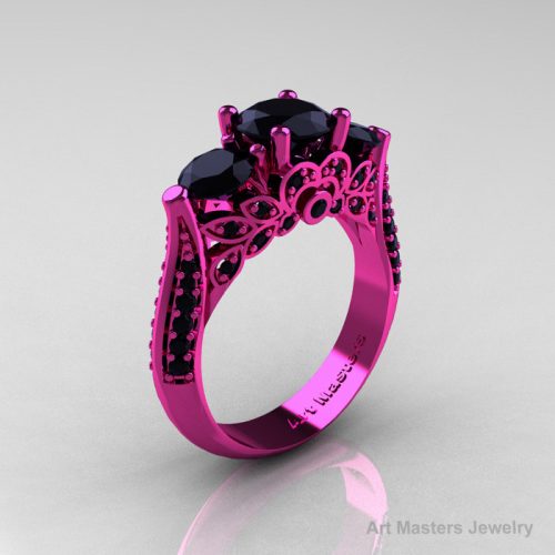 Classic 14K Pink Gold Three Stone Black Onyx Black Diamond Solitaire Engagement Ring Wedding Ring R200-14KPGBDOX-1