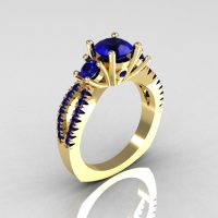 Modern French Bridal 10K Yellow Gold Three Stone 1.0 Carat Blue Sapphire Engagement Ring R140-10YGBS-1