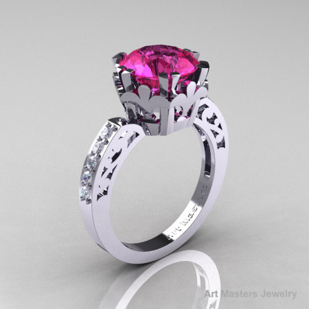 Modern Renaissance 14K White Gold 3.0 Carat Pink Sapphire Diamond Solitaire Ring R402-14KWGDPS-1