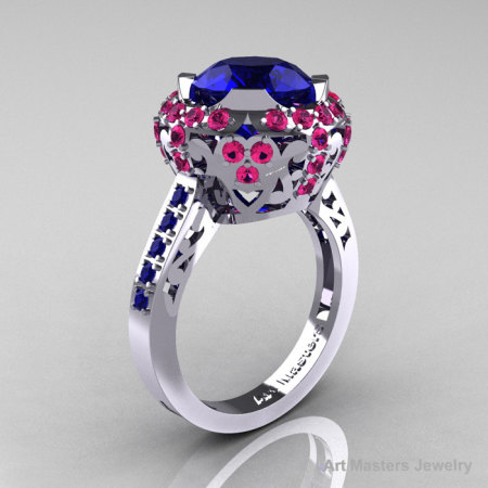 Modern Edwardian 10K White Gold Blue and Pink Sapphire Engagement Ring Wedding Ring Y404-10KWGPSBS-1