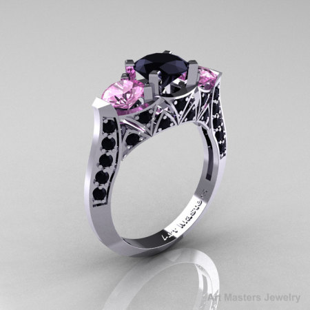 Modern 14K White Gold Three Stone Black Diamond Light Pink Sapphire Solitaire Engagement Ring Wedding Ring R250-14KWGLPSBD-1
