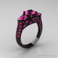 Modern 14K Black Gold Three Stone Pink Sapphire Solitaire Engagement Ring Wedding Ring R250-14KBGPS-1
