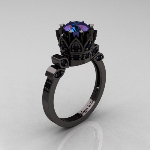 Exclusive Classic Armenian 14K Black Gold 1.0 Alexandrite Black Diamond Bridal Solitaire Ring R405-14KBGBDAL-1