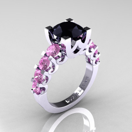Modern Vintage 14K White Gold 3.0 Carat Black Diamond Light Pink Sapphire Designer Wedding Ring R142-14KWGLPSBD-1