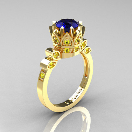 Classic Armenian 14K Yellow Gold 1.0 Blue Yellow Sapphire Bridal Solitaire Ring R405-14KYGYBS-1