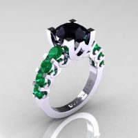 Modern Vintage 14K White Gold 3.0 Carat Black Diamond Emerald Designer Wedding Ring R142-14KWGEMBD-1