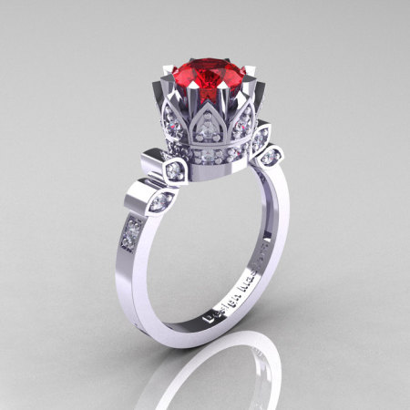 Classic Armenian 14K White Gold 1.0 Rubies Diamond Bridal Solitaire Ring R405-14KWGDR-1