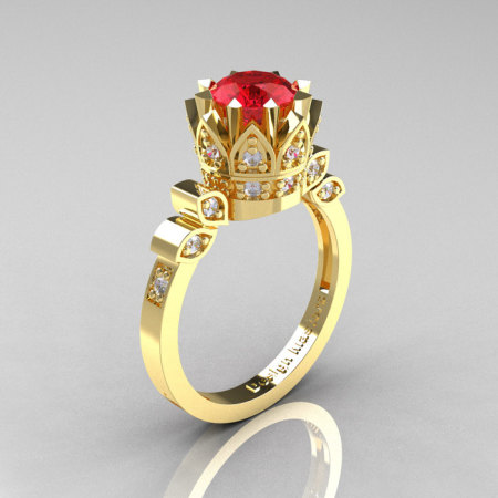 Classic Armenian 14K Yellow Gold 1.0 Rubies Diamond Bridal Solitaire Ring R405-14KYGDR-1