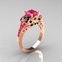 Classic 14K Rose Gold 1.0 CT Pink Sapphire Black Diamond Blazer Wedding Ring R203-14KRGBDPS-1
