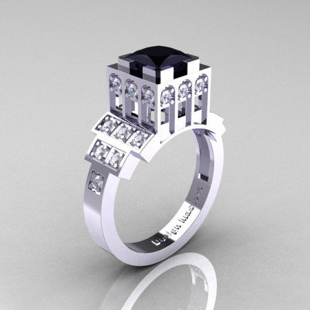 Modern Industrial 14K White Gold 1.23 CT Princess Black Diamond Bridal Ring R316-14KWGDBD-1