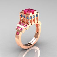 Modern Industrial 14K Rose Gold 1.23 CT Princess Pink Sapphire Blue Topaz Bridal Ring R316-14KRGBTPS-1