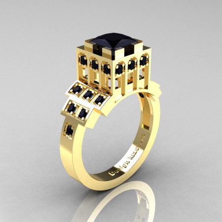 Modern Industrial 14K Yellow Gold 1.23 CT Princess Black Diamond Bridal Ring R316-14KYGBD-1
