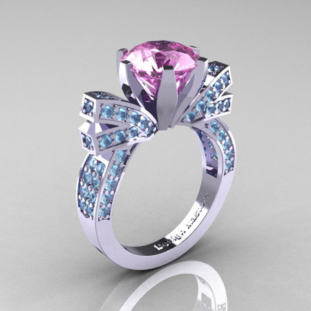 French 14K White Gold 3.0 CT Light Pink Sapphire Aquamarine Engagement Ring Wedding Ring R382-14KWGAQLPS-1