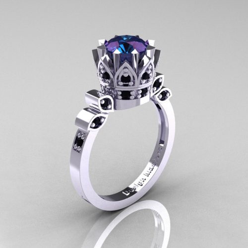 Classic Armenian 14K White Gold 2.0 Alexandrite Black Diamond Bridal Solitaire Ring R405-14KWGBD2AL-1