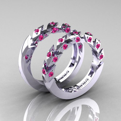 Modern Italian 14K White Gold Pink Sapphire Wedding Band Set R320BS-14KWGPS-1