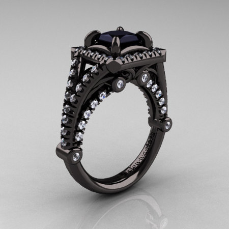 Modern Art Nouveau 14K Black Gold 1.23 Carat Princess Black and White Diamond Engagement Ring Wedding Ring R336-14KBGDBD-1