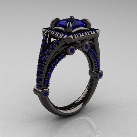 Modern Art Nouveau 14K Black Gold 1.23 Carat Princess Blue Sapphire Engagement Ring Wedding Ring R336-14KBGBS-1