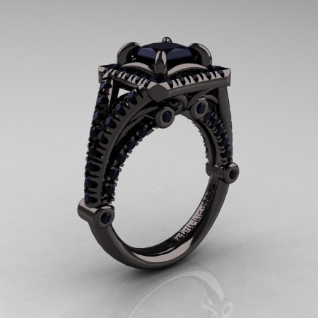 Modern Art Nouveau 14K Black Gold 1.23 Carat Princess Black Diamond Engagement Ring Wedding Ring R336-14KBGBD-1