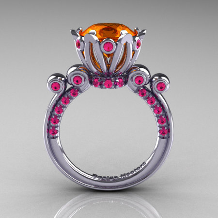 French Antique 14K White Gold 3.0 Carat Orange and Pink Sapphire Solitaire Wedding Ring Y235-14KWGPOS-1
