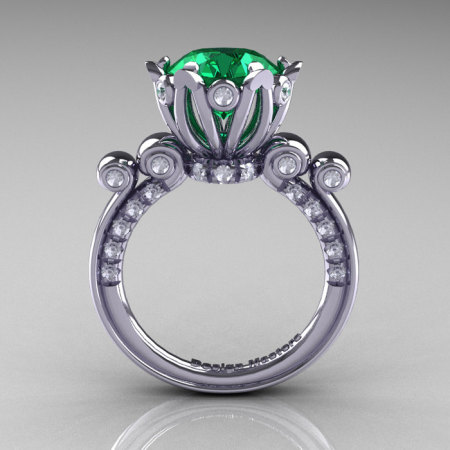 French Antique 14K White Gold 3.0 Carat Emerald Diamond Solitaire Wedding Ring Y235-14KWGDEM-1