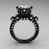 French Antique 14K Black Gold 3.0 Carat White Agate Diamond Solitaire Wedding Ring Y235-14KBGDWAG-1