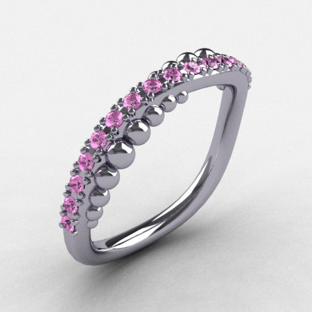 14K White Gold Light Pink Sapphire Pearl and Vine Wedding Band Engagement Ring NN115-14KWGLPS-1