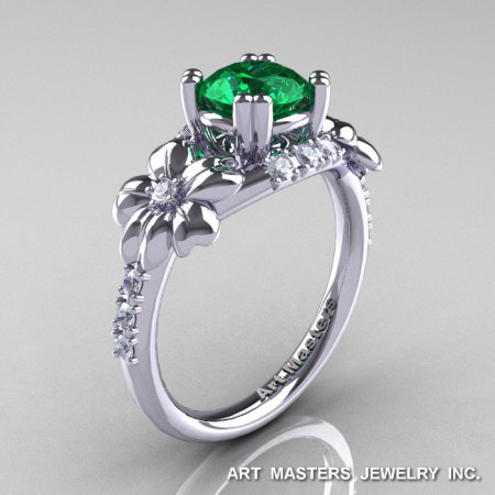 Nature Inspired 14K White Gold 1.0 Ct Emerald Diamond Leaf and Vine Engagement Ring R245-14KWGDEM-1