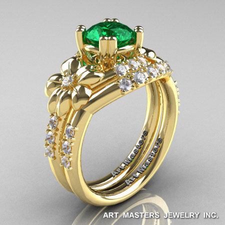 Nature Inspired 14K Yellow Gold 1.0 Ct Emerald Diamond Leaf and Vine Engagement Ring Wedding Band Set R245S-14KYGDEM-1