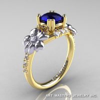 Nature Inspired 14K Yellow Two-Tone White Gold 1.0 Ct Blue Sapphire Diamond Leaf and Vine Engagement Ring R245-14KYTTWGDBS-1
