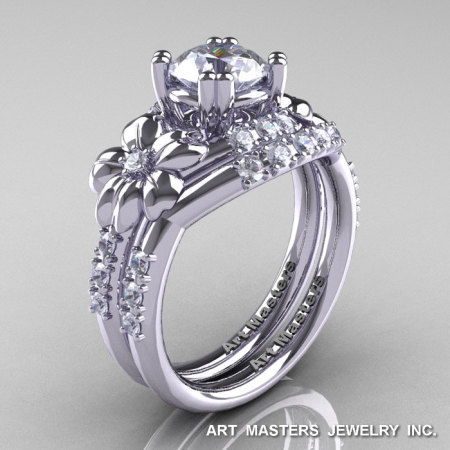 Nature Inspired 14K White Gold 1.0 Ct Russian CZ Diamond Leaf and Vine Engagement Ring Wedding Band Set R245S-14KWGDCZ-1