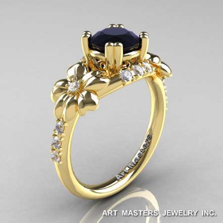 Nature Inspired 14K Yellow Gold 1.0 Ct Black White Diamond Leaf and Vine Engagement Ring R245-14KYGDBD-1