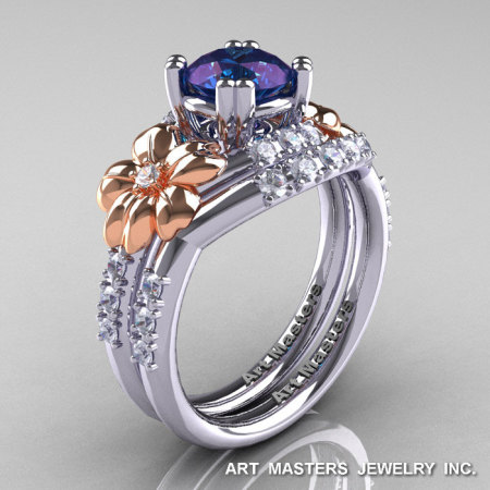 Nature Inspired 14K White Two-Tone Rose Gold 1.0 Ct Alexandrite Diamond Leaf and Vine Engagement Ring Wedding Band Set R245S-14KTTWRGDAL-1