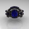 Nature Inspired 14K Black Gold 1.0 Ct Blue Sapphire Leaf and Vine Engagement Ring Wedding Band Set R245S-14KBGBS-2