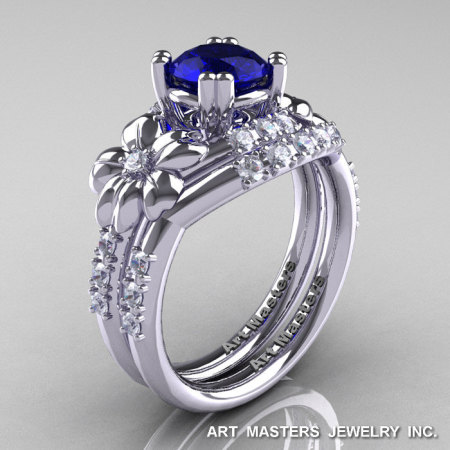 Nature Inspired 14K White Gold 1.0 Ct Blue Sapphire Diamond Leaf and Vine Engagement Ring Wedding Band Set R245S-14KWGDBS-1