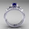 Nature Inspired 14K White Gold 1.0 Ct Blue Sapphire Diamond Leaf and Vine Engagement Ring Wedding Band Set R245S-14KWGDBS-2