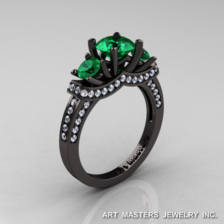 French 14K Black Gold Three Stone Emerald Diamond Wedding Ring Engagement Ring R182-14KBGDEM-1